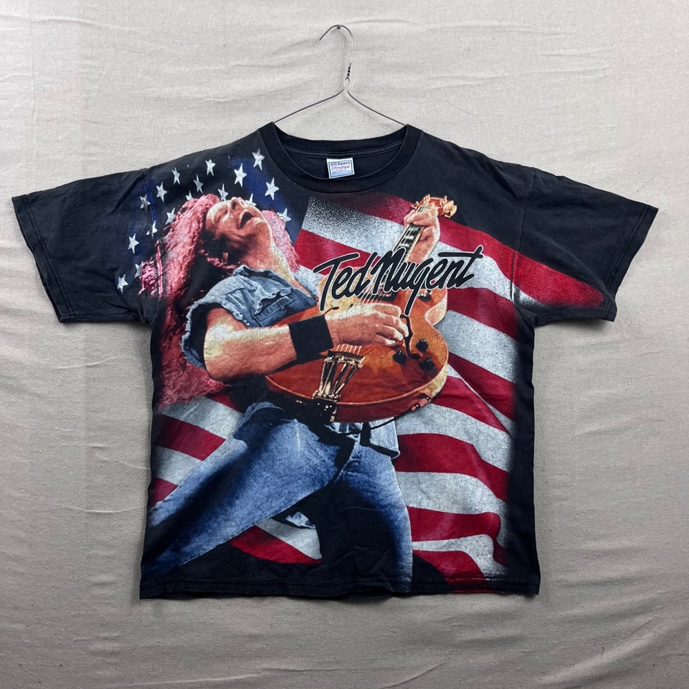 All Sport Ted Nugent T-Shirt Mens XL Black Vintage‎ 90s One Nation Under Ted AOP
